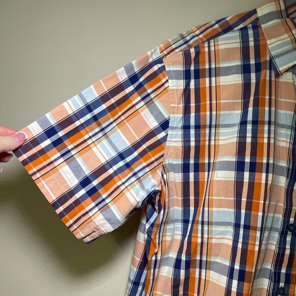 Men's Large Cabela's Orange & Blue Plaid Short Sleeve Button Down Shirt - Picture 5 of 6